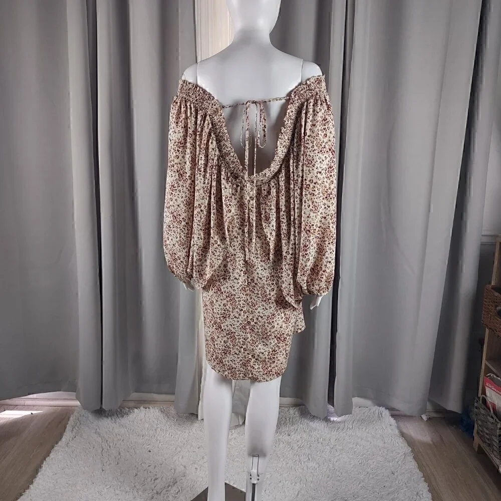 Jodifl Leopard Print Off Shoulder Smocked Balloon Sleeve Mini Dress Boho Size M - Picture 5 of 15